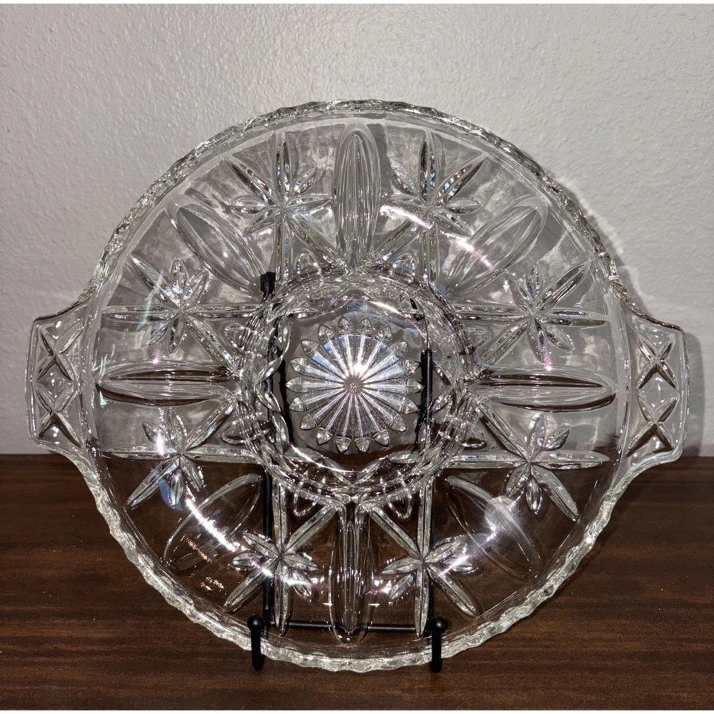 Round 9" Crystal Platter 5 Section Pickle Tray Cheese Olive Appetizer Plate
